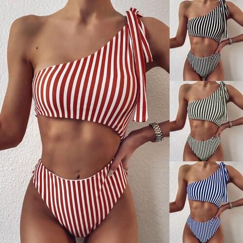 #H30 Off Shoulder High Waist Bikini Set Womens Swimwear Stripe Single Knot Bikini Set Swimsuit Beachwear Bathing Suit