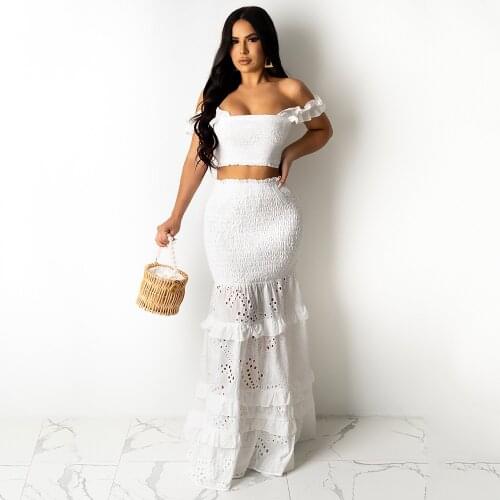 Echoine Solid White Lace Ruffle Strap Crop Top Stretch Skinny Long Skirt Two Piece Set Sexy Elegant Beach Holidays Skirt Set