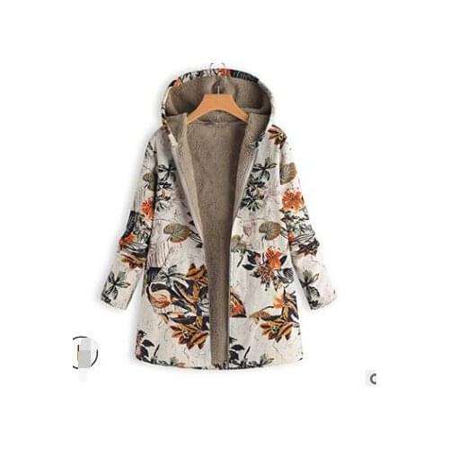 1pcs/lot Women Winter Warm Floral Hooded Jacket Flower Print Hoody Vintage fleece print coat