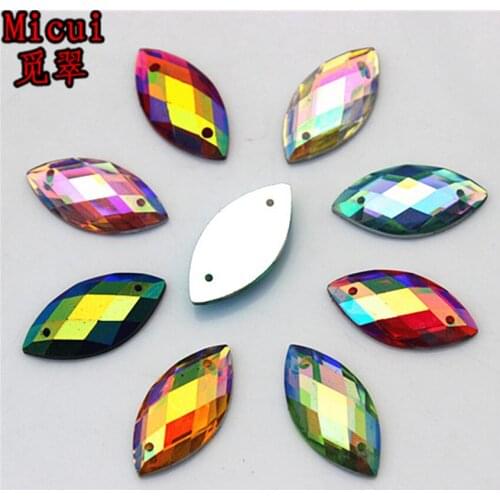 Micui 50Pcs 9*18mm Horse eye Resin Sew On Rhinestones Resin Rhinestone Sewing With 2 Hole Sew-on Stone For Wedding Dress MC692