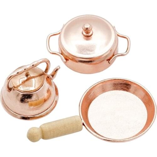 Odoria 1:12 Miniature 3PCS Fry Pan Soup Pot Teapot Metal Copper Cookware Kitchen Set Dollhouse Accessories Doll House Decoration