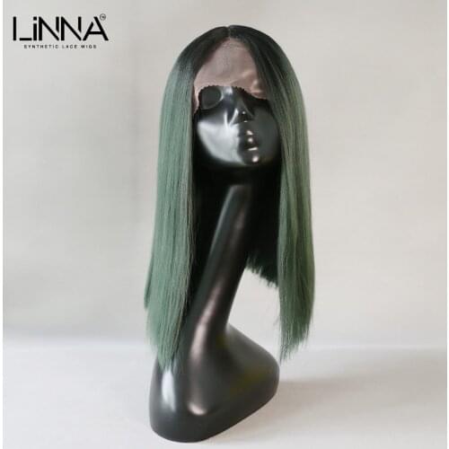 LINNA Ombre Green Silky Straight Synthetic Lace Wig For Women Medium Length Soft Green Wig With Headband Cosplay Wigs