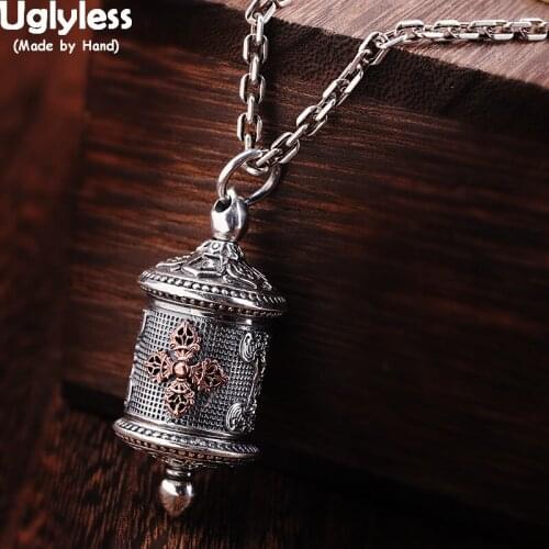 Uglyless Buddhistic Cylinder Pendants for Men Real 925 Sterling Silver Religious Necklaces NO Chains Vajra Cross Pendants P998