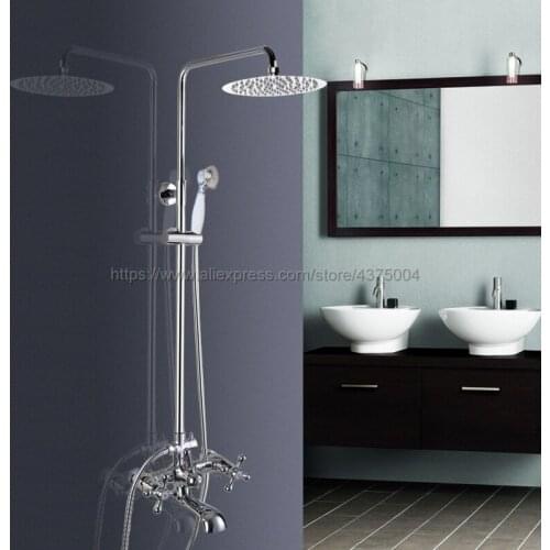 Polished Chrome Rainfall 8" Bath Shower Mixer Faucet Set Wall Mounted with Hand Shower Swivel Tub Spout Shower Taps Ncy322