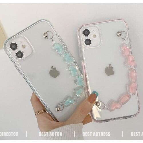 Transparent Two-color Frame Love Heart Wrist Chain Phone Case For IPhone 12 11 Pro Max XR X XS Max Anti-fall Soft Silicone Shell