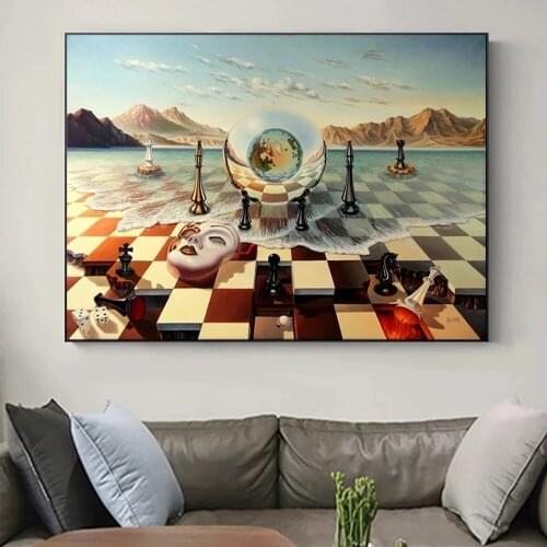 Salvador Dali Surrealism Chess Mask on Sea Canvas Paintings Famous Art Posters and Print Wall Picture for Living Room Home Decor