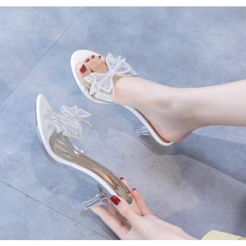 Crystal Women Slippers High Heeled 6.5CM Butterfly-knot Women Casual Shoes Mules PVC Transparent Shoes Open Toe Female Slippers