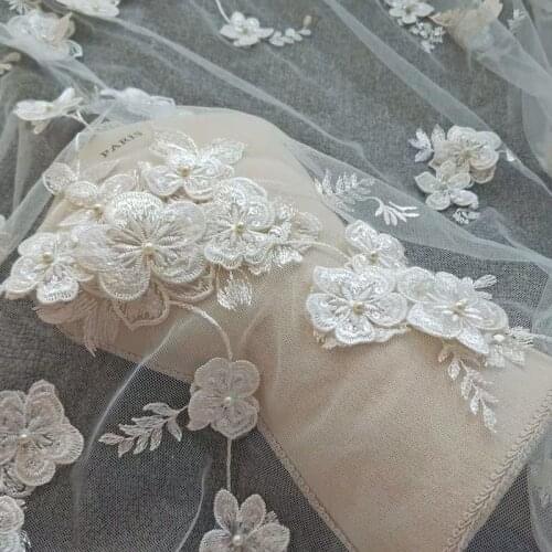 1 yard French Lace Handmade Beads 3D Wedding Dress Fabric DIY Bridal Headdress Ivory White Lace Collar Lace Fabric