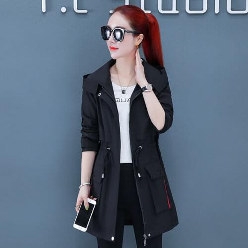 Spring And Autumn New Womens Windbreaker Zipper Pocket Stitching Slim Fashion Versatile Hooded Jacket Lady Middle Length