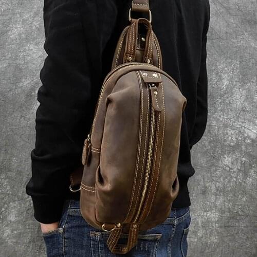 Vintage Genuine Leather Leather Men Chest Pack Mini Cowhide Messenger Fashion Sling Bag Single Shoulder Bag