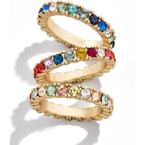 High Quality Ins HOT Unique Colorful Rhinestone Rings Round Copper Golden Wedding Rings for Women Fmale Party Jewelry Gifts 2021