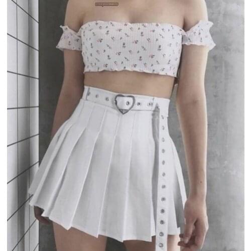 Richkeda Store New 2021 Harajuku Heart-Buckle Belt Pleated Skirt Women School Cheerleading Belted Mini Skirt With Safe Shorts