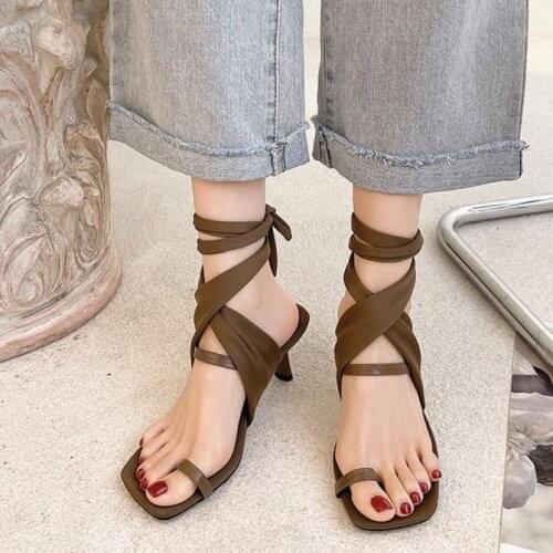 2021 Summer Square Toe Thin High Heel Womens Sandals Fashion Cross Tied Dress Shoes Zapatos De Mujer Ytmtloy Sadalias Feminina