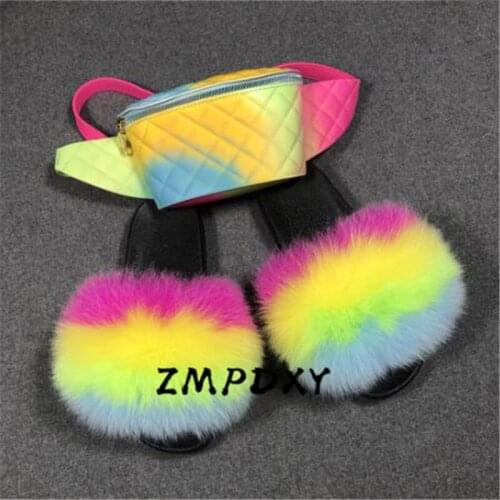 Womans Rainbow Colorful Jelly Waist Bags Ladies Real Fox Hair Slippers Women Fluffy Slides Fanny Pack Female Belt Bag Shoes Sets