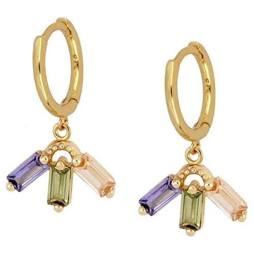 925 Sterling Silver Ear Buckle Charming Three Zircon Purple/Green/Yellow Female Houndstooth Small Hoop Earrings Fashion Jewelry