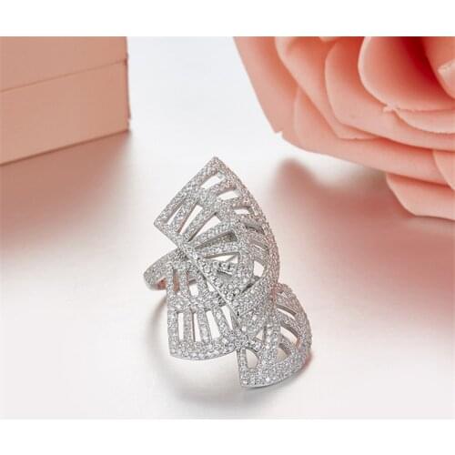 SLJELY High Quality 925 Sterling Silver Multilayer 3 Fan Shaped Ring Pave Cubic Zirconia Stones for Women Luxury Brand Jewelry