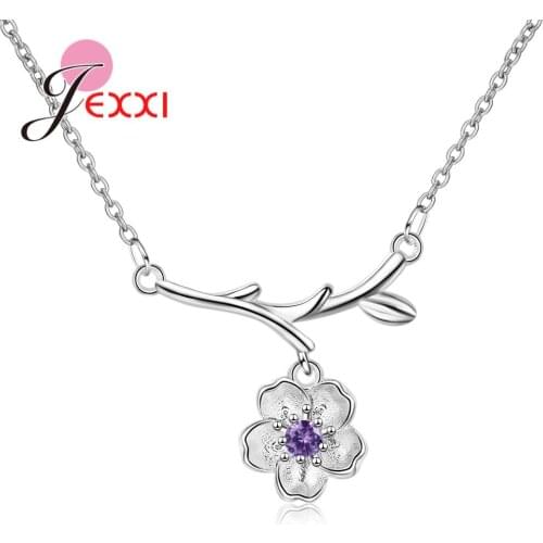 Women Romantic Style Cherry Blossoms Necklace 925 Sterling Silver Cute Flower Pendant Necklaces For Wedding Party Jewelry