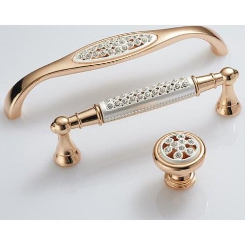 Champagne Gold Door Handles With Diamond Luxury Zinc Alloy Cabinet Drawer Knobs European Wardrobe Furniture Pulls Hardware