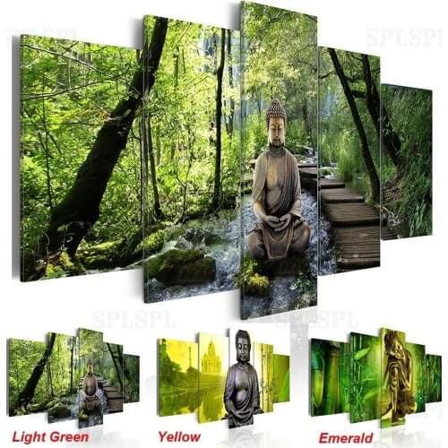5 Panel Buddha Wall Art Oil Painting Scenic waterfall bamboo Home Decoration Canvas Prints Pictures for Living Room( No Frame )