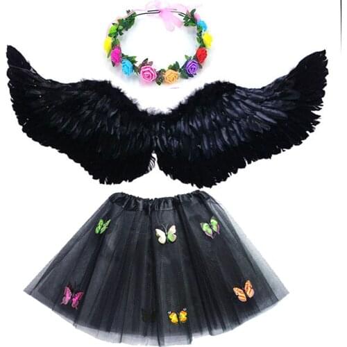 Angel Wings for Kids Teens Women, Angel Costume with Flower Wreath Headband Skirt Feather Dress Up Props Cosplay Halloween Party
