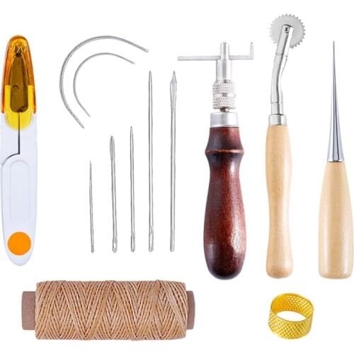 LMDZ 13Pcs/Set Leather Sewing Tools DIY Leather Craft Tools Hand Stitching Tool Kit with Groover Awl Waxed Thread Thimble Kit