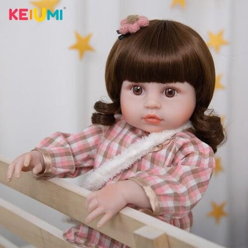 KEIUMI 19 Inch Cute Full Silicone Bonecas Reborn Waterproof Pink Checkered Blue Pants Suit Reborn Baby Girl