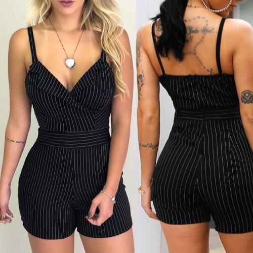 Fashion Ladies Elegant Striped Print Playsuit Women Sexy Sleeveless V Neck Skinny Romper Holiday Summer Casual Jumpsuit