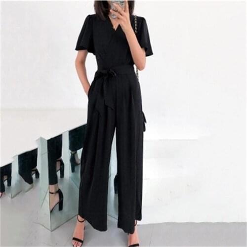 Fashion jumpsuit female summer New casual black high waist chiffon student conjoined wide leg nine pants women Rompers