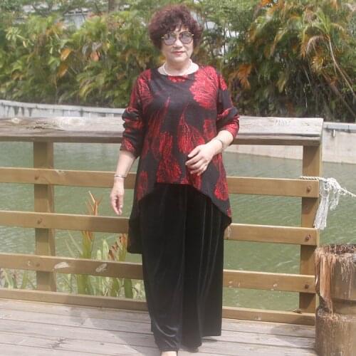 5xl 6xl 7xl plus size two piece set women elegant casual loose print elastic high waist pants and top outfits for women set H104