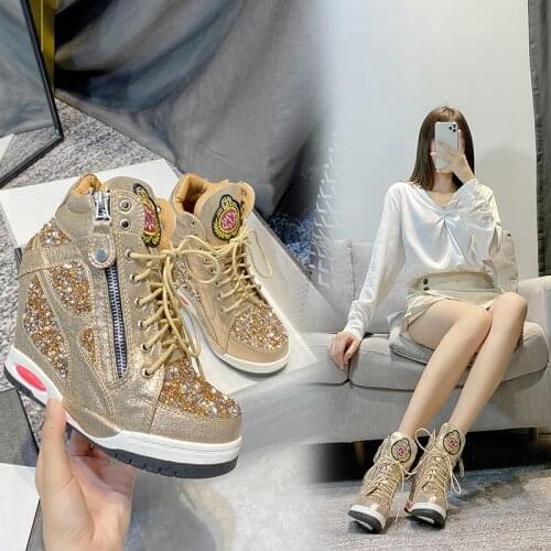 Womens Pointed Toe Real Leather Sequins Bling Lace Up Sneaker Hidden Wedge Heel Shoes Gold Sliver High Top Side Zipper New 2022