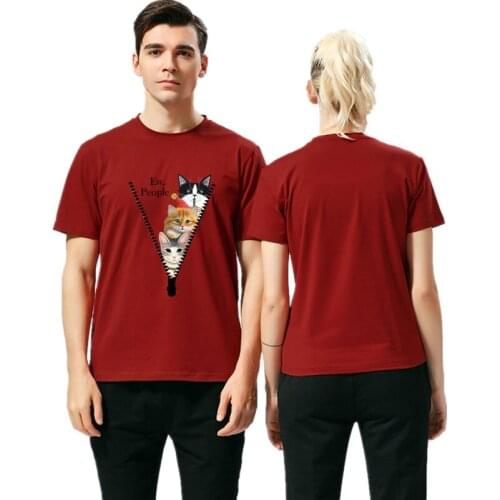 Summer New Style Ladies Short-Sleeved Couple T-Shirt Pure Cotton Carton Zipper Cat Printing Casual Tee