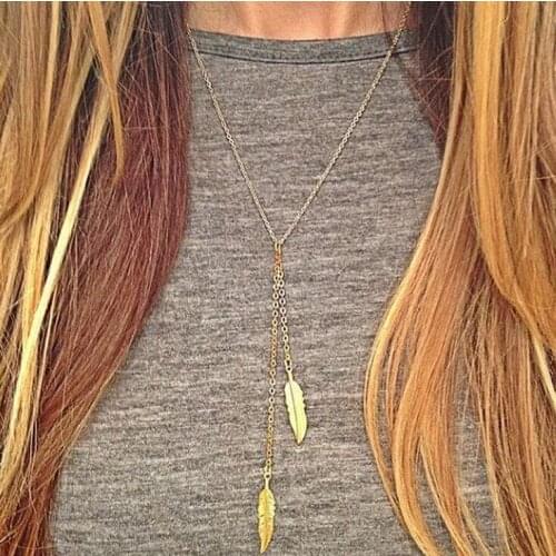 2018 HOT New Fashion womens vintage long necklace jewelry gold simple feather pendant necklaces colar Leaf Jewelry gifts