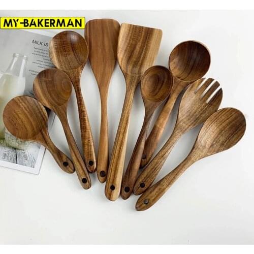 1-9pcs/set Teak natural wood tableware spoon colander spoon special nano soup skimmer cooking spoon wooden kitchen tool kit