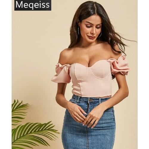Meqeiss elegance pink Sexy low cut crop tops women T-shirts2019summer office ladies fashion party Slim tee shirt femme Small top