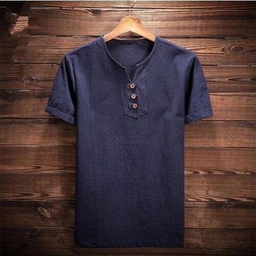 New Summer Mens Fashion Short Sleeve T-Shirt 2020 Cotton Linen Casual Solid Shirts Plus Size Slim Loose Fit Men Tee Black VNeck