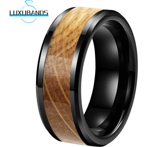 8/6MM Womens Mens Wedding Rings Beveled Edges Engagement Bands Whiskey Barrel Wood Inlay Polished Finished Comfort Fit