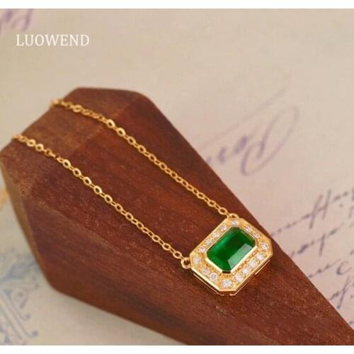 LUOWEND 18K Solid White Gold Pendant Necklace Real Emerald Natural Diamond Women Engagement Necklace Cocktail Jewelry