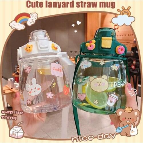 300Ml Cartoon Cute Straw Plastic Water Bottle Bpa Free Outdoor Transparent Juice Drinking Cup Suitable For Adult Children