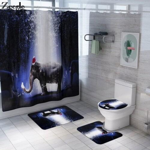 Anti-Slip Mat For Bathroom Christmas Elephant Printed Waterproof Bathroom Curtain Floor Mat Set Home Decor Bathroom Mat Set