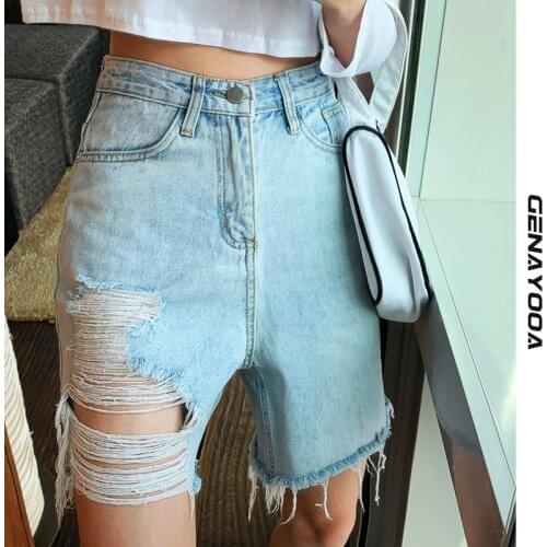 Genayooa Biker Shorts Women 2021 Summer Korean High Waist Shorts Feminino Blue Ripped Cut Out Denim Shorts With Tassel
