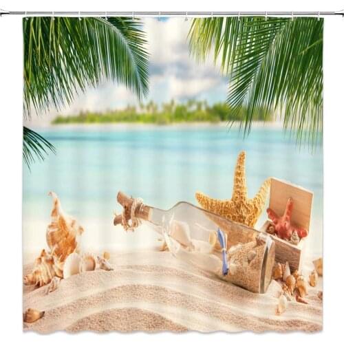 Ocean Beach Shower Curtains Green Leaf Drifting Bottle Conch Starfish Sea Landscape Pattern Bathroom Waterproof Cloth Curtain