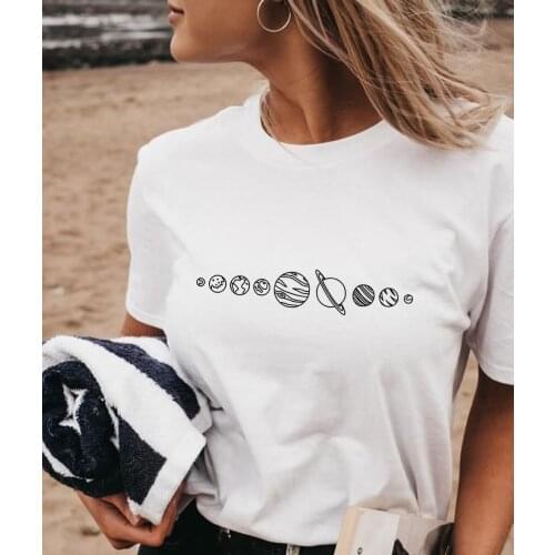 Planet Graphic Pattern Women Aesthetic T-shirt Round Neck Casual Tee Female Vintage Summer Tops T Shirts Camisetas Mujer Clothes