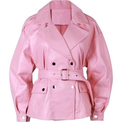 YOLOAgain Oversized Women Genuine Leather Jacket Double Breasted Batwing Sleeve Lambskin Leather Coat