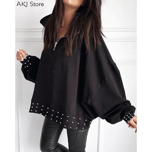 Women Fashion Beaded Detail Zipper Long Sleeve Casual Tops Sweatshirt