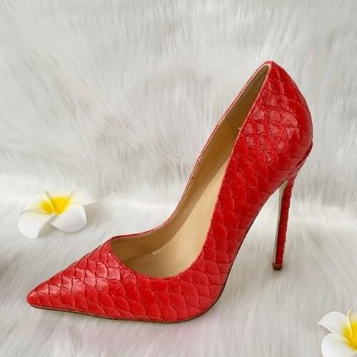 TOMONYE Red leather high heels snake design luxury stiletto women shoes party pumps 12cm acting big size 34-46