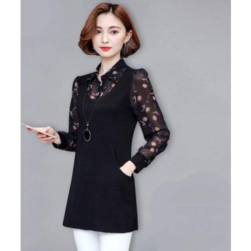 Womens Spring Autumn Style Blouses Shirts Womens Elegant Printed Turn-down Collar Patchwork Korean Casual Tops SP598