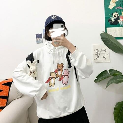 Spring New Design Preppy Style Women Loose Pullover Sweatshirts Hooded Long Sleeve Cartoon Printed Ladies Jumpers Tops