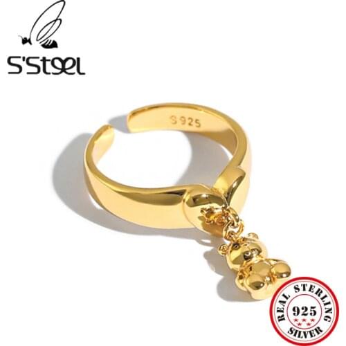 SSTEEL Cute Ring 925 Sterling Silver For Women Korean Bear Gold Opening Rings Anillo De Plata De Ley 925 Mujer Fine Jewellery