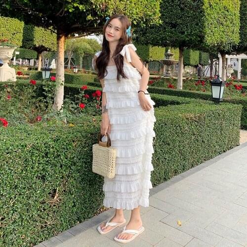 New Sweet Cascading ruffles Sleeveless Long Chiffon Cake Dress Korean Summer Fashion Bow Lacing Spaghetti Strap Dress Female