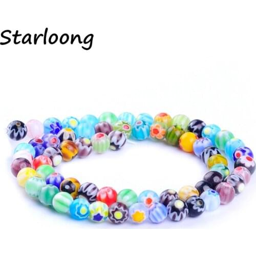 64pcs/string color mixed 6mm round shape flower pattern glazed glass lampwork beads for bracelet necklace DIY jewelry making